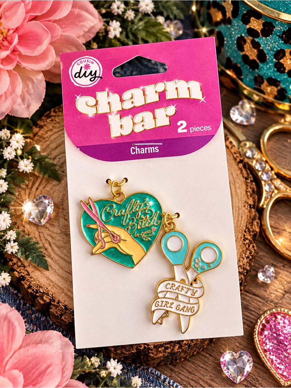 Cousin DIY Turquoise & Gold Crafty Girl Gang Enamel Charm Set - 2 Pieces